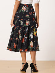 Chiffon Floral Printed Long Tiered Ruffle Boho Midi Skirt