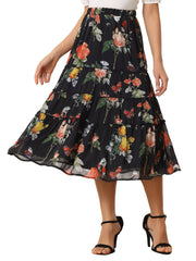 Chiffon Floral Printed Long Tiered Ruffle Boho Midi Skirt