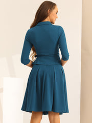 2 Piece 3/4 Sleeve Cropped Belted Blazer and Pleated Skirt Business Suit Sets