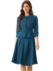 2 Piece 3/4 Sleeve Cropped Belted Blazer and Pleated Skirt Business Suit Sets