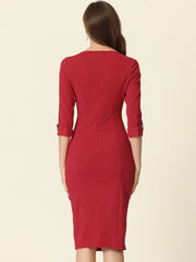 Elegant Boat Neck 3/4 Sleeves Work Midi Split Sheath Dress