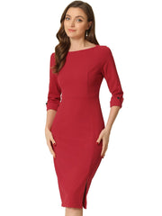 Elegant Boat Neck 3/4 Sleeves Work Midi Split Sheath Dress