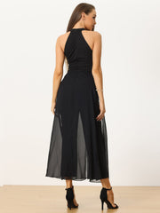 Sleeveless Halter Neck Belted Elegant Wedding Cocktail Dressy Jumpsuits