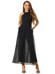 Sleeveless Halter Neck Belted Elegant Wedding Cocktail Dressy Jumpsuits