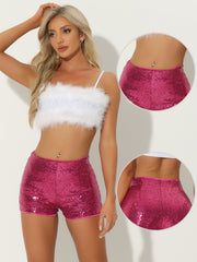 Sequin Midrise Solid Sparkle Cocktail Zipper Elastic Waist Shorts