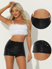 Sequin Midrise Solid Sparkle Cocktail Zipper Elastic Waist Shorts