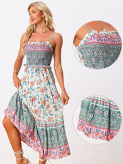 Boho Floral Summer Spaghetti Strap A-Line Flowy Smocked Midi Dress Sundress