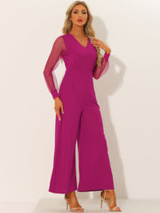 Elegant V Neck Mesh Long Sleeve Loose Wide Leg Jumpsuits
