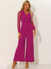 Elegant V Neck Mesh Long Sleeve Loose Wide Leg Jumpsuits