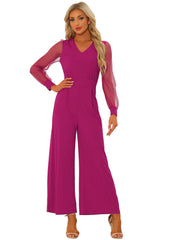 Elegant V Neck Mesh Long Sleeve Loose Wide Leg Jumpsuits
