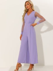 Elegant V Neck Mesh Long Sleeve Loose Wide Leg Jumpsuits
