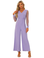 Elegant V Neck Mesh Long Sleeve Loose Wide Leg Jumpsuits