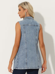 Casual Button Down Waistcoat Sleeveless Mid Long Denim Vest