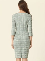 Elegant Square Neck 3/4 Sleeve Plaid Tweed Sheath Dress