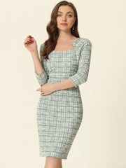 Elegant Square Neck 3/4 Sleeve Plaid Tweed Sheath Dress