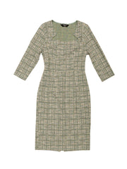 Elegant Square Neck 3/4 Sleeve Plaid Tweed Sheath Dress