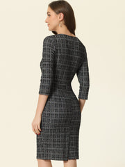 Elegant Square Neck 3/4 Sleeve Plaid Tweed Sheath Dress