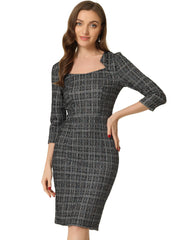 Elegant Square Neck 3/4 Sleeve Plaid Tweed Sheath Dress