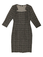 Elegant Square Neck 3/4 Sleeve Plaid Tweed Sheath Dress