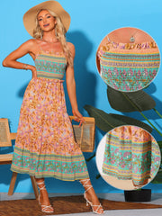 Boho Floral Summer Spaghetti Strap A-Line Flowy Smocked Midi Dress Sundress