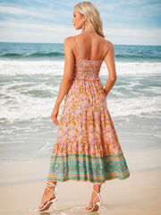 Boho Floral Summer Spaghetti Strap A-Line Flowy Smocked Midi Dress Sundress