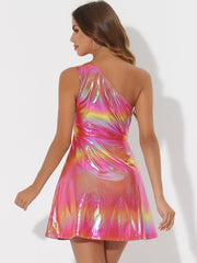 Metallic Sleeveless One Shoulder Party Disco Holographic Dress