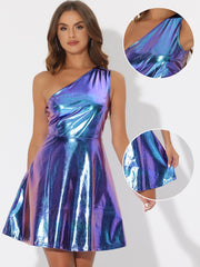 Metallic Sleeveless One Shoulder Party Disco Holographic Dress