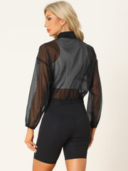 Sheer Zip Up Long Sleeve See Through Bomber Jacket
