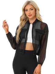 Sheer Zip Up Long Sleeve See Through Bomber Jacket
