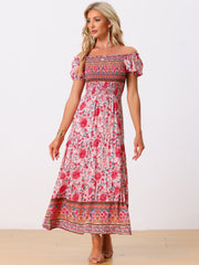 Boho Floral Off Shoulder Puff Sleeves Maxi Smocked Dress