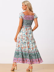 Boho Floral Off Shoulder Puff Sleeves Maxi Smocked Dress