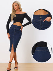 Casual Denim High Waist Split Hem Pencil Jean Midi Skirt