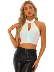 Sequin Halter Neck Sleeveless Cutout Shiny Party Crop Top