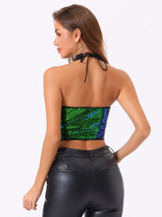Sequin Halter Neck Sleeveless Cutout Shiny Party Crop Top