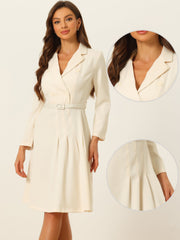 Work Elegant Notched Collar Belted Pleated Button Blazer Dress