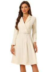 Work Elegant Notched Collar Belted Pleated Button Blazer Dress