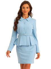 2pc Business Suits Belted Peplum Blazer Jacket and Pencil Skirt Sets