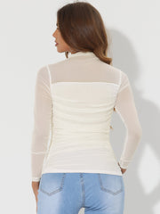 Mesh Solid Long Sleeve Mock Neck Sheer Panel Side Shirring Top