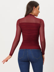 Mesh Solid Long Sleeve Mock Neck Sheer Panel Side Shirring Top