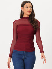 Mesh Solid Long Sleeve Mock Neck Sheer Panel Side Shirring Top