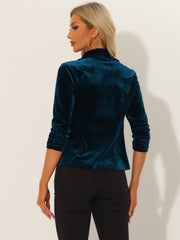 Lapel Collar Velvet Solid Office Work Open Front Blazer