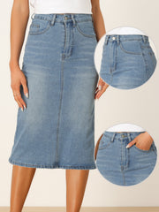 Casual Denim High Waist Stretchy Midi Pencil Jean Skirt