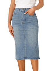 Casual Denim High Waist Stretchy Midi Pencil Jean Skirt