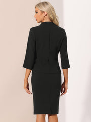 2 Pieces Collarless 3/4 Sleeves Blazer and Pencil Skirt Office Work Business Suit Set