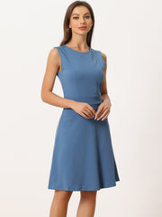 Round Neck Solid Color Sleeveless A-Line Work Midi Dress