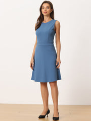 Round Neck Solid Color Sleeveless A-Line Work Midi Dress