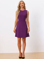 Round Neck Solid Color Sleeveless A-Line Work Midi Dress