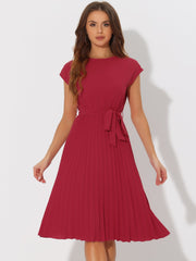 Crew Neck Sleeveless Tie Waist A-Line Pleated Dress