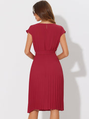 Crew Neck Sleeveless Tie Waist A-Line Pleated Dress