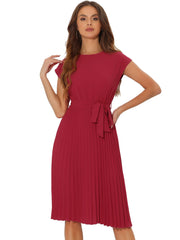 Crew Neck Sleeveless Tie Waist A-Line Pleated Dress